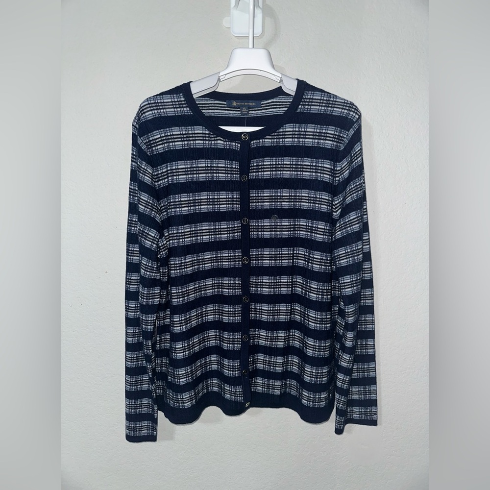 Brooks Brothers Navy and White Striped Cardigan Sweater